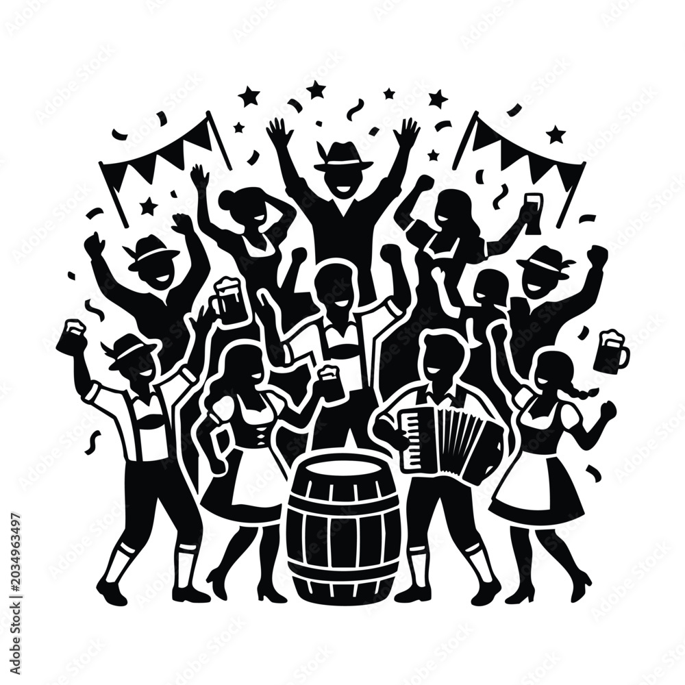 Fototapeta premium Oktoberfest celebration silhouette vector with people dancing music.