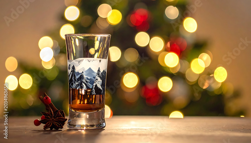 A glass of whiskey with a winter mountain scene etched on it, set against a blurred Christmas tree with warm bokeh lights, conveying festive cheer and relaxation