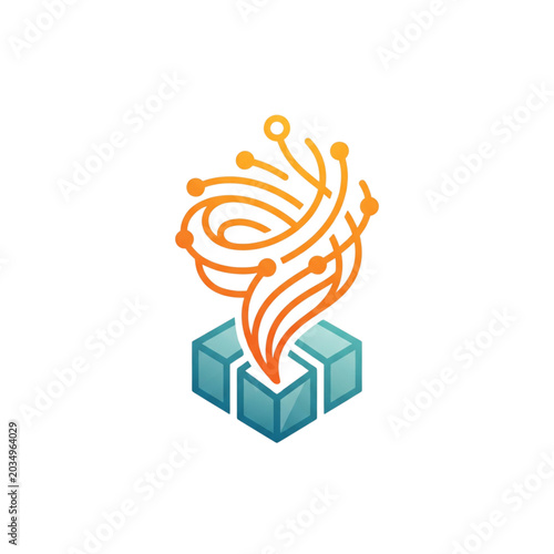 Abstract Orange Swirling Lines Emerging from Blue Box Icon Symbolizing Out of The Box Thinking, Creative Solutions, Digital Data Flow, and Innovation.