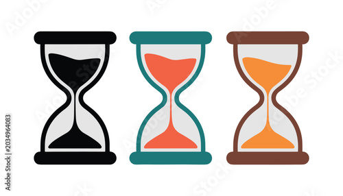 Three hourglasses with different colored sand and outlines sand timer time black teal  vector illustration isolated on white background.