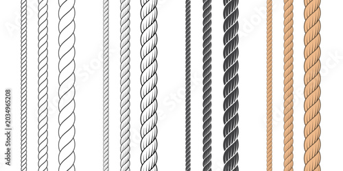 Set of seamless ropes. Different thickness ropes. Marine twine.