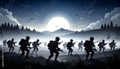 Silhouette of soldiers marching at night with full moon and stars in the background