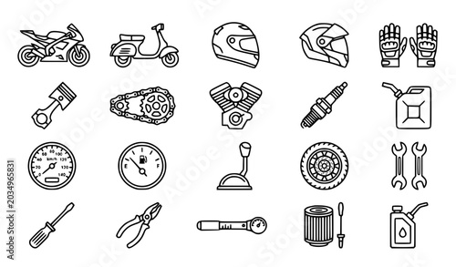 Minimal black and white motorcycle mechanic icon vector with bikes parts and repair equipment