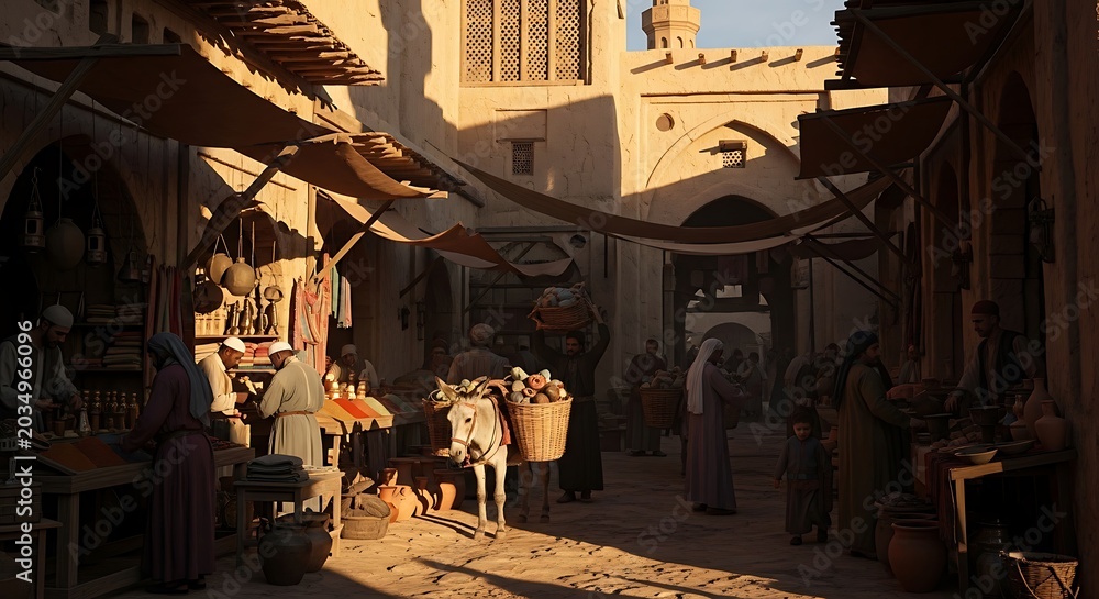 Fototapeta premium Traditional Middle Eastern market scene with people shopping and selling goods