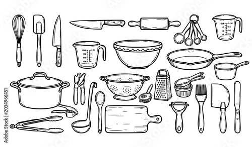 Home cooking tools, kitchenware, and chef equipment line art vector