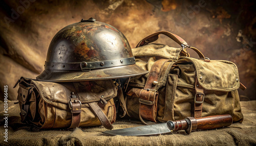Vintage military helmet, bag, and knife on rustic background, still life arrangement