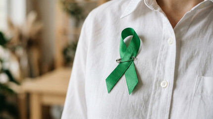 Person in a white linen shirt wearing a green ribbon pinned to their chest for mental health awareness month, organ donation support, liver cancer, or environmental cause advocacy campaign.