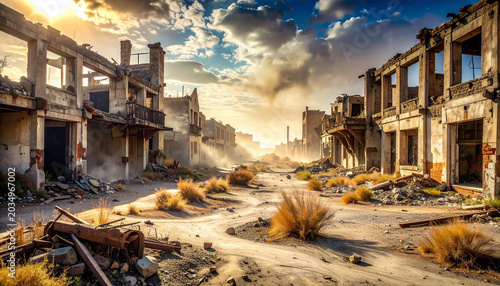 Post-apocalyptic deserted cityscape with ruined buildings and rubble, dramatic cloudy sky