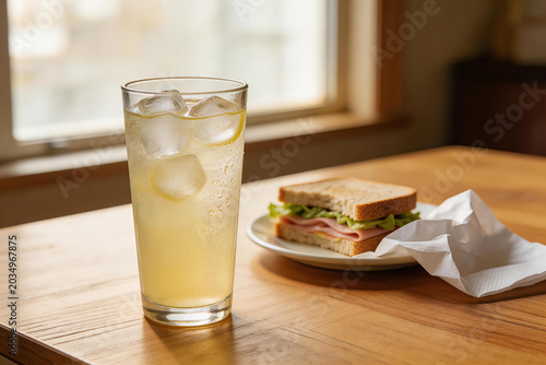 Cold iced lemon drink with ham and lettuce sandwich on wooden table