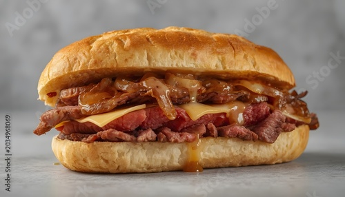 Gourmet steak sandwich with sliced roast beef, melted cheese, and caramelized onions in a toasted bun