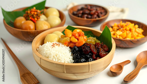 Aesthetic southeast asian dessert bowl with sticky rice, jelly, fruits, and toppings, served with wooden spoons, appealing for culinary blogs and food photography