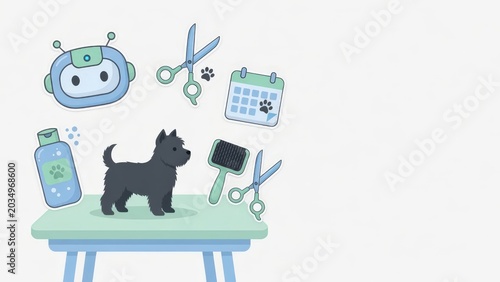 Pet grooming services illustration featuring a cartoon dog and tools, ideal for digital marketing, business promotion, and branding of animal care services and related apps.