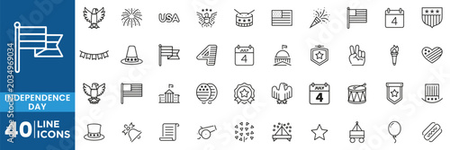 Fotografie Independence Day USA Patriotic Line Icons Set with American Flag, Fireworks, Eag