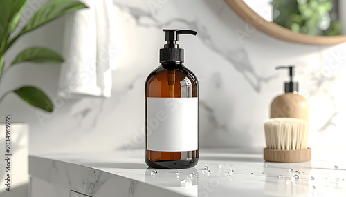 Amber glass dispenser bottle with blank label on a marble countertop, clean bathroom setting with natural light and green plant in the background