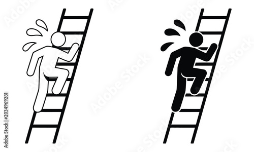 Person slipping while climbing ladder with water splash