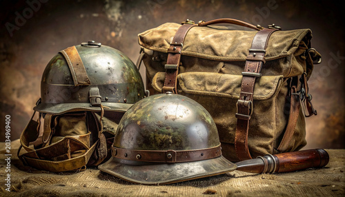 Vintage military helmets and bag with baseball bat on rustic background, nostalgic still