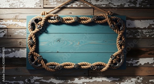 Rustic Wooden Sign with Nautical Rope Border Hanging on Weathered Wall.