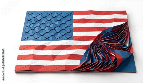 Abstract geometric American flag design on white background, red blue polygon style, modern patriotic concept, clean minimal composition