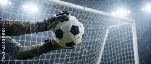 Soccer goalkeeper catching ball in rainy stadium with floodlights on