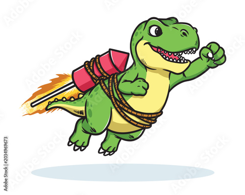 Dino is flying using fireworks