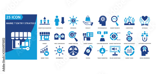 Photos market entry strategy icon set of competitive advantage, population, expansion,