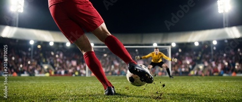 Soccer player kicking ball on green field at night stadium with goalkeeper and crowd in background