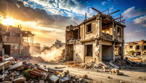 Destroyed buildings in a war-torn cityscape with rubble and debris scattered everywhere