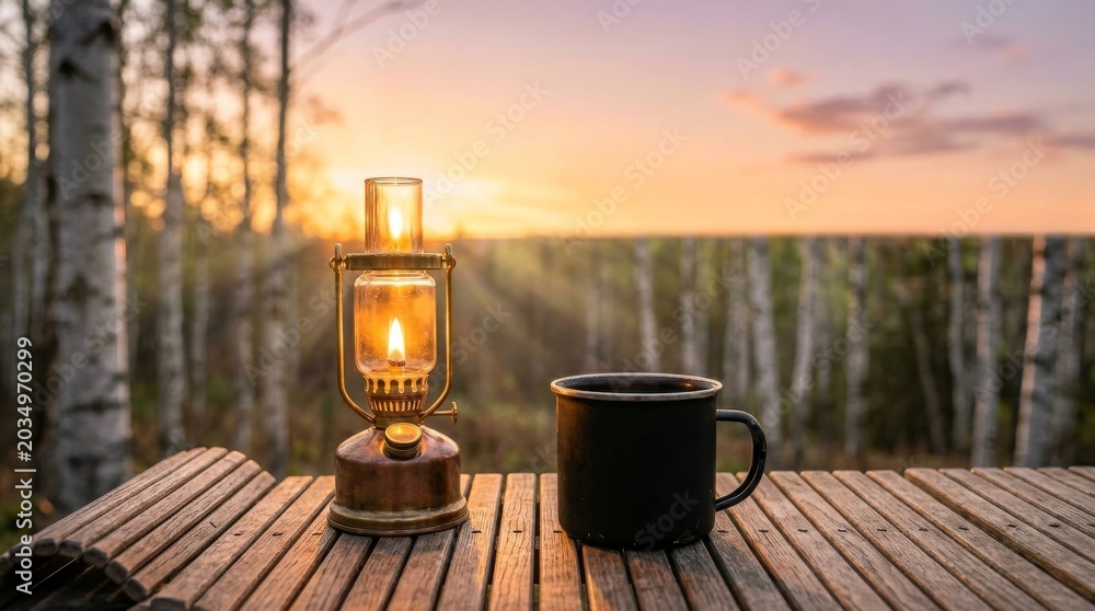 Obraz premium Luxury Wilderness Camping: Warm Lantern and Coffee at Sunset in Birch Forest