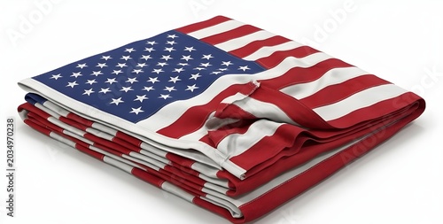 Folded American flag fabric texture on white background, realistic cloth wrinkles