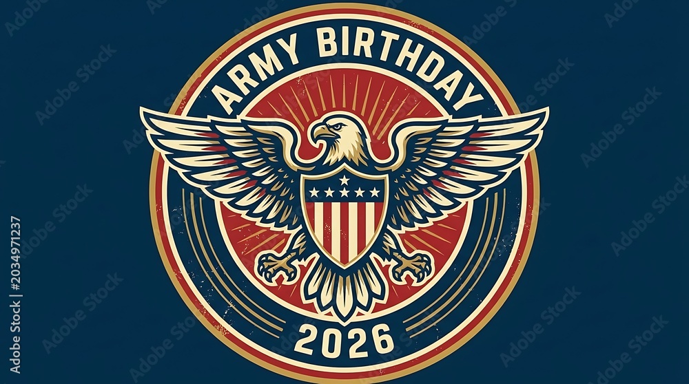 Obraz premium Circular badge-style vector, eagle and shield emblem, text “Army Birthday 2026”