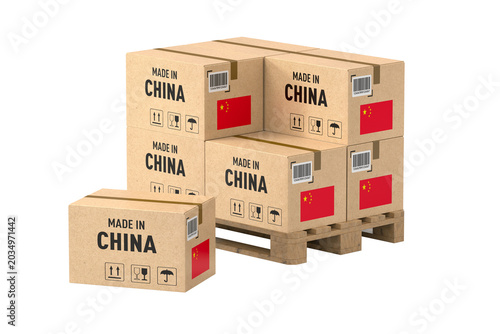 Cardboard boxes on pallet on white background. Isolated 3D illustration