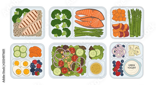 Slika na platnu Healthy Meal Prep Containers with Salmon, Chicken, Salad, and Yogurt