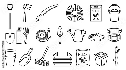 Gardening and household tool icons vector set with farming equipment, cleaning supplies, plant care items and daily objects in minimal outline style