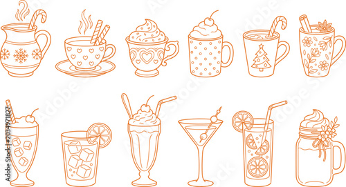 Foto Cartoon beverage container icons with hot and cold drinks decorated with festive