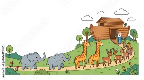 Cartoon illustration of Noahs Ark with pairs of animals walking in a line on a grassy hill under a white background for children storybook