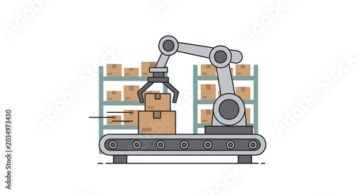 Robotic arm handling cardboard box.