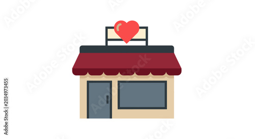 Small building with red awning and heart.