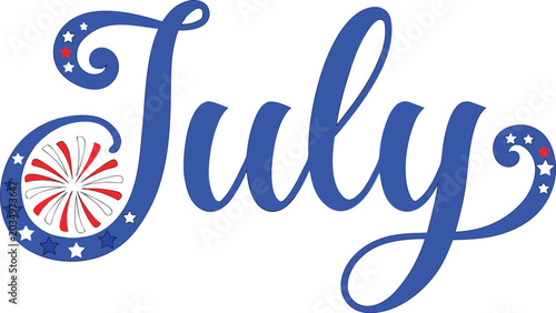 July text with patriotic fireworks and stars during summer celebration concept