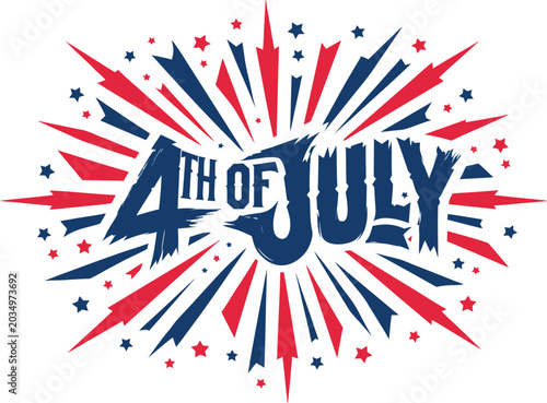 Quadro su tela Fourth of July text with patriotic starburst and scattered stars in red white an