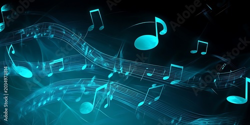 Abstract glowing neon blue musical notes and staff lines flowing dynamically across a dark background