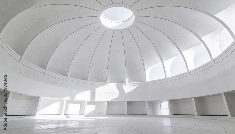 Fototapeta premium Showing vast white rotunda filling gallery interior, with central oculus and ribbed ceiling