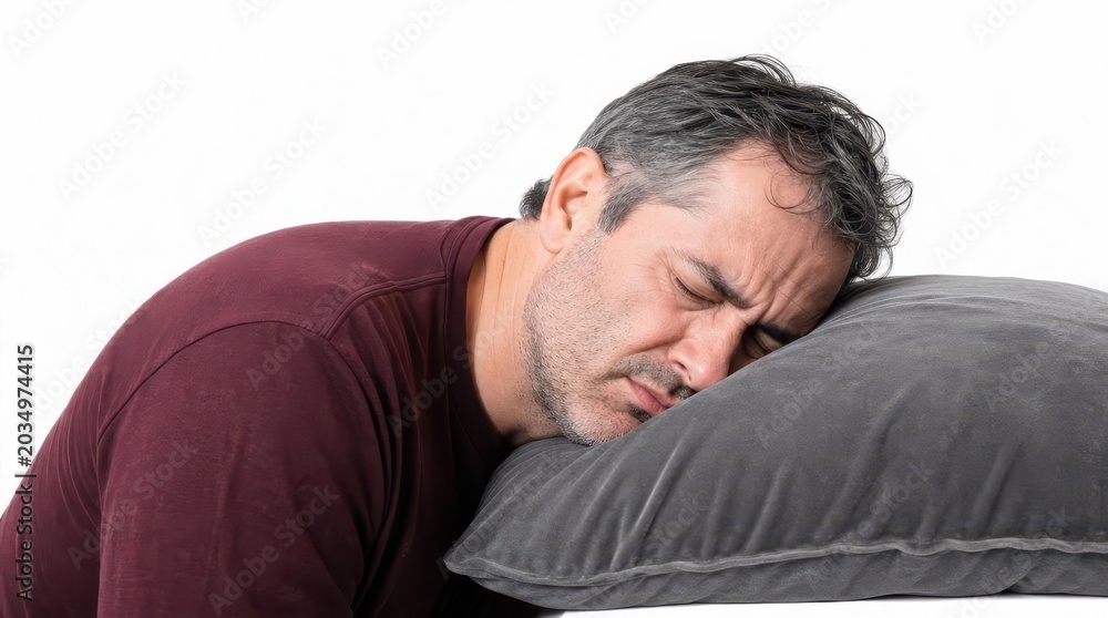 Obraz premium picture of an exhausted middle aged man resting his heavy head on a smooth grey velvet pillow with eyes closed in annoyance wearing a soft burgundy cotton shirt hands completely hidden