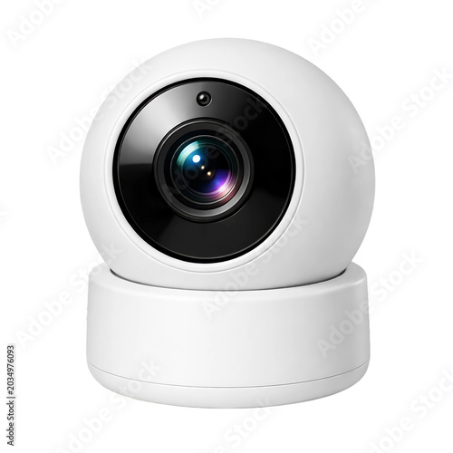 Modern white security camera with a wide-angle lens and night vision isolated transparent PNG background 