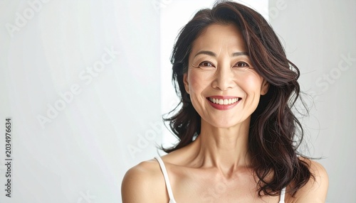 白い背景の前で美しく微笑む50代の日本人女性・ツヤのあるダークヘアが映えるヘルシー美容ポートレート