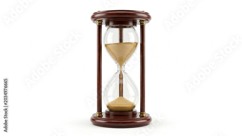 Classic wooden hourglass with flowing golden sand measuring passing time for business productivity and efficiency on transparent background