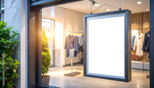 Blank advertising sign hanging outside a modern retail store entrance, empty display for promotion, retail mockup with clothing inside.
