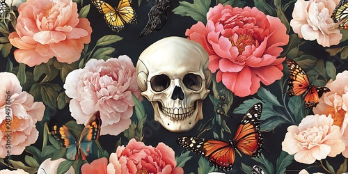 Striking artwork showcasing a detailed human skull amidst an abundance of beautiful pink peonies and colorful butterflies, creating a unique dark floral aesthetic.