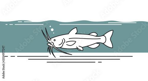 Canvas Print Stylized Catfish Swimming Underwater with Bubbles, Simple Line Art Illustration