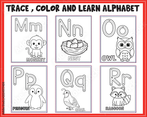 ABC alphabet tracing and coloring worksheet for kids printable, trace color and learn letters M - N with animals and objects, preschool kindergarten handwriting practice activity pages for learning