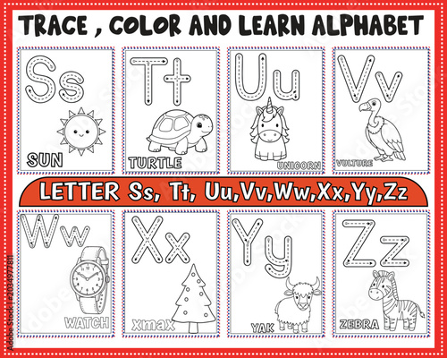 ABC alphabet tracing and coloring worksheet for kids printable, trace color and learn letters A to F with animals and objects, preschool kindergarten handwriting practice activity pages for learning